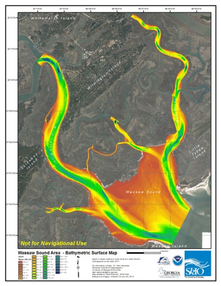 This shows a wide view of the Wassaw Sound survey map. Shallow areas are shown in orange and yellow, deeper areas in green and blue.