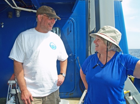 JoCasta Green and Marc Frischer chat during the cruise. 